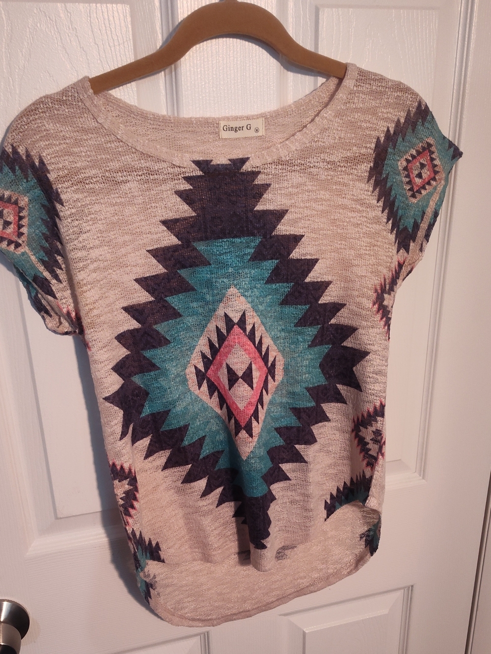 Ginger G Beige Short Sleeve Top with Turquoise & Pink Aztec Print